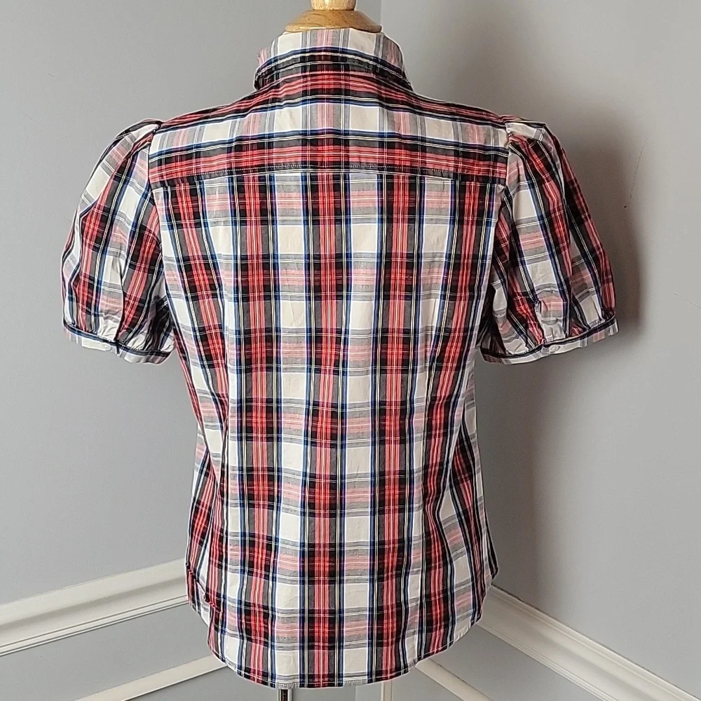J.CREW‎ Red Black Tartan Plaid Holiday Preppy Classic Puff Short Sleeve Shirt M